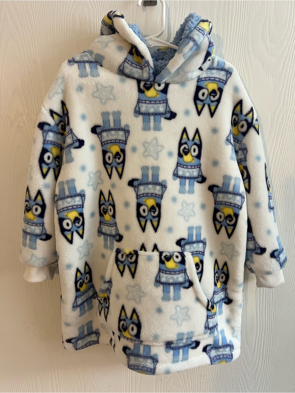 Blue & White Character Fleece Hooded Pullover for Kids